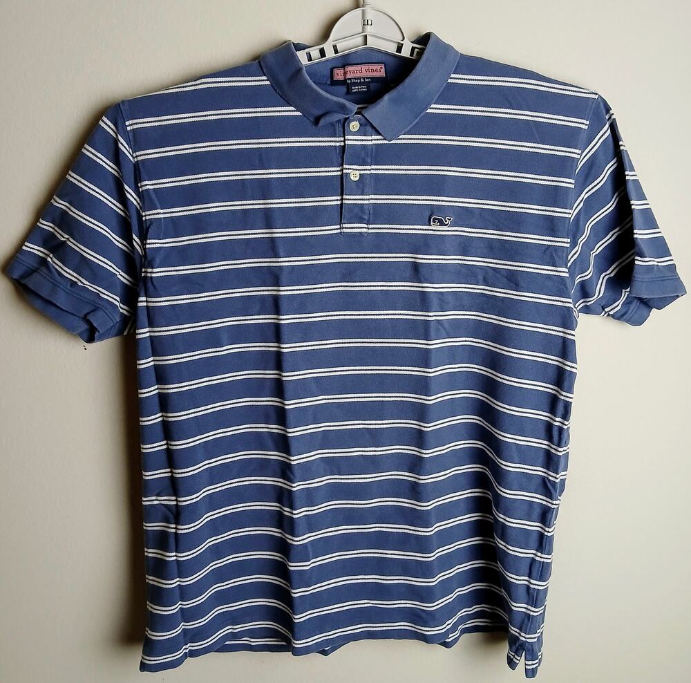 Vineyard Vines Men's XL Polo Shirt Blue White Striped Whale Logo Short Sleeve